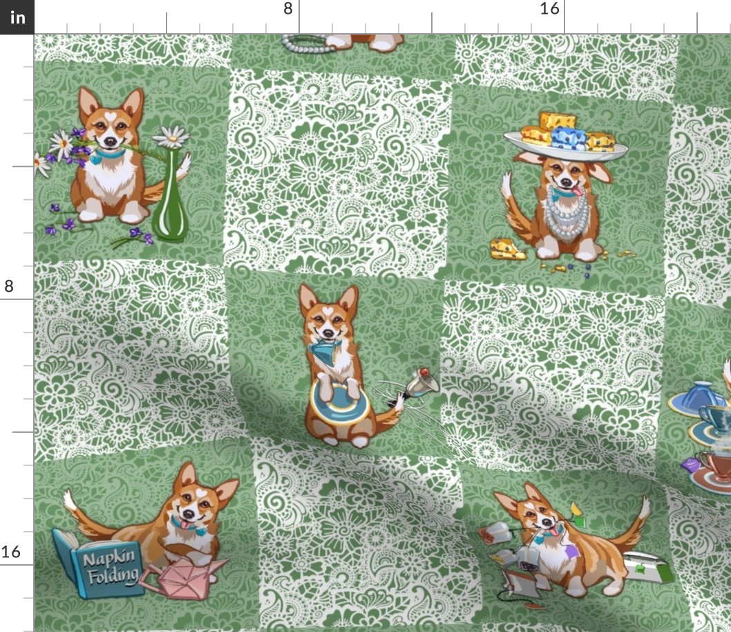 Tea Time w/Corgi Wholecloth | Soft Green