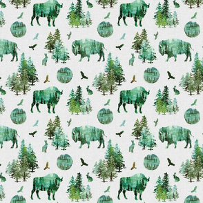 3" green fall American bison gray linen background