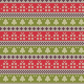 Ugly Sweater Knit—Trees and presents stripes- Light red and green