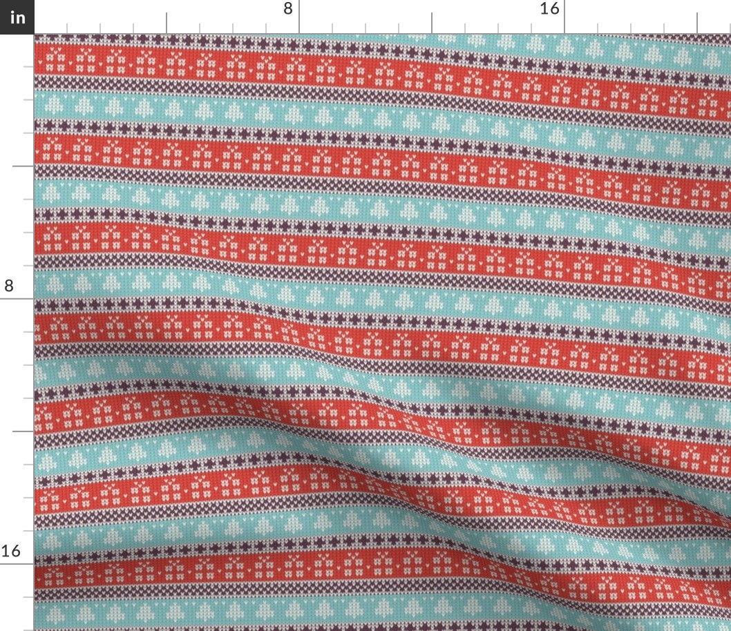 Ugly Sweater Knit—Trees and presents stripes- Light red and blue