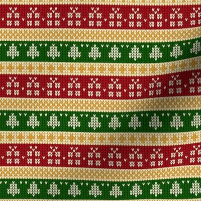 Ugly Sweater Knit—Trees and presents stripes- Dark red and green