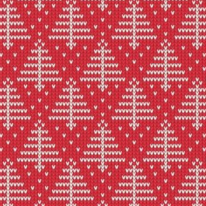 Ugly Sweater Knit—Trees-Light trees with red background