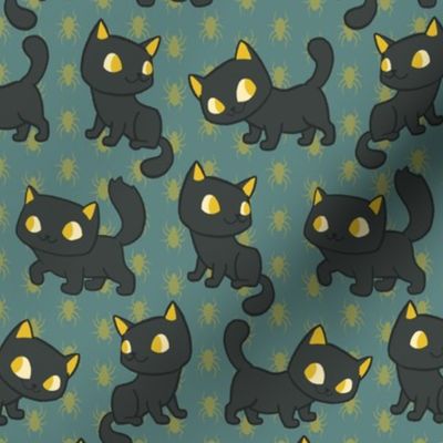 Black Cats and Gold Spiders on Teal