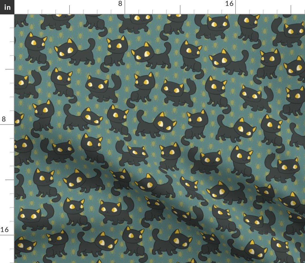 Black Cats and Gold Spiders on Teal