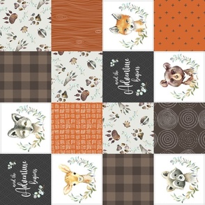 4 1/2" Woodland Animal Tracks Quilt Top – Brown + Orange Patchwork Cheater Quilt, Style O, rotated