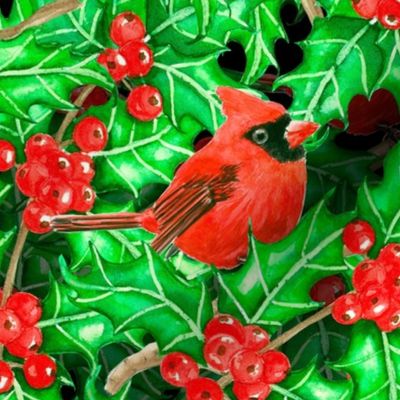 Cardinal birds on holly berry branches
