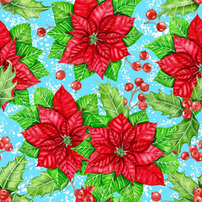 Poinsettia and holly berry on blue