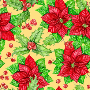 Poinsettia and holly berry on yellow