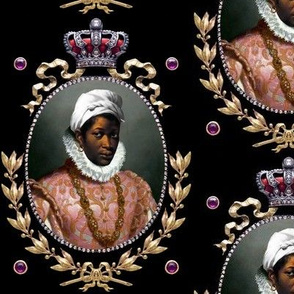 1 victorian baroque renaissance portraits tudor black woman lady african descent POC people of color WOC headdress head wrap bows gold wreaths crown leaves laurel purple gems jewels amethyst ornate gilt Queen Elizabeth 1 inspired princess  medallion frame