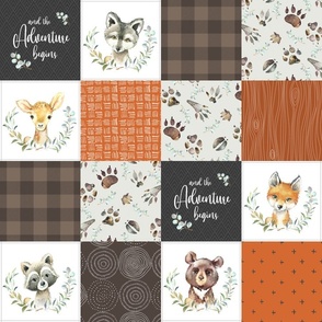 4 1/2" Woodland Animal Tracks Quilt Top – Brown + Orange Patchwork Cheater Quilt, Style O