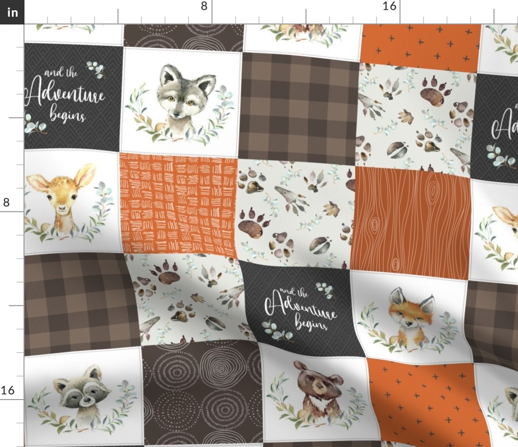 4 1/2" Woodland Animal Tracks Quilt Top – Brown + Orange Patchwork Cheater Quilt, Style O