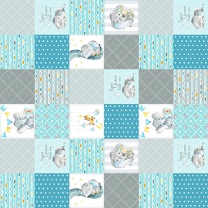 3" BLOCKS- Elephant Quilt Fabric – Baby Boy Patchwork Cheater Quilt Blocks (teal, blue, gray) A rotated