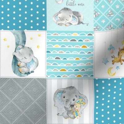 3" BLOCKS- Elephant Quilt Fabric – Baby Boy Patchwork Cheater Quilt Blocks (teal, blue, gray) A