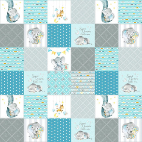 3" BLOCKS- Elephant Quilt Fabric – Baby Boy Patchwork Cheater Quilt Blocks (teal, blue, gray) A