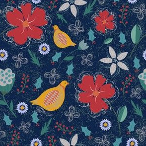 Quail / folk floral / dark blue