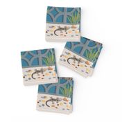 Geckos among the breeze blocks - blue panels