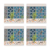 Geckos among the breeze blocks - blue panels