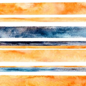 Watercolor Stripes - Orange & Navy (Large Horizontal Version)  