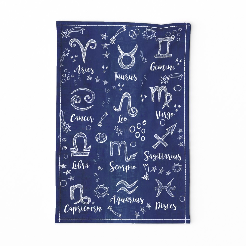 Zodiac Signs on a midnight blue sky tea towel