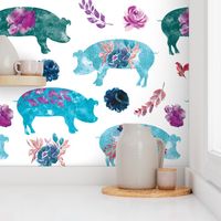 blue green floral piggies on white