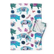 blue green floral piggies on white