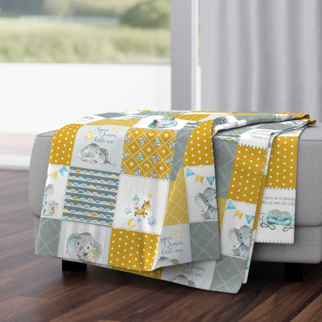 Elephant Quilt Fabric – Baby Boy Patchwork Cheater Quilt Blocks (mustard, gray) AC