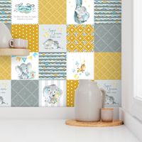 Elephant Quilt Fabric – Baby Boy Patchwork Cheater Quilt Blocks (mustard, gray) AC