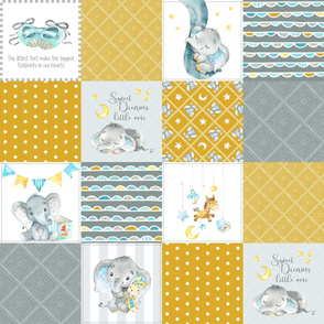 Elephant Quilt Fabric – Baby Boy Patchwork Cheater Quilt Blocks (mustard, gray) AC