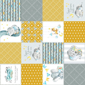 Elephant Quilt Fabric – Baby Boy Patchwork Cheater Quilt Blocks (mustard, gray) AC rotated