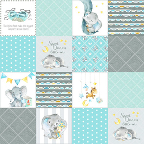 Elephant Quilt Fabric – Baby Boy Patchwork Cheater Quilt Blocks (blue, mint, gray) AD