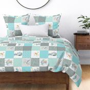 Elephant Quilt Fabric – Baby Boy Patchwork Cheater Quilt Blocks (blue, mint, gray) AD rotated