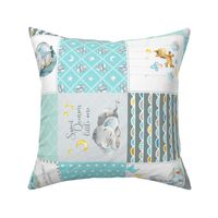Elephant Quilt Fabric – Baby Boy Patchwork Cheater Quilt Blocks (blue, mint, gray) AD rotated