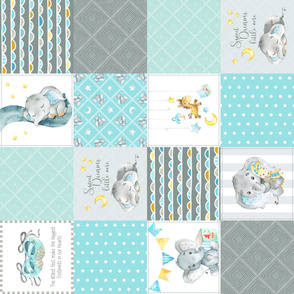 Elephant Quilt Fabric – Baby Boy Patchwork Cheater Quilt Blocks (blue, mint, gray) AD rotated