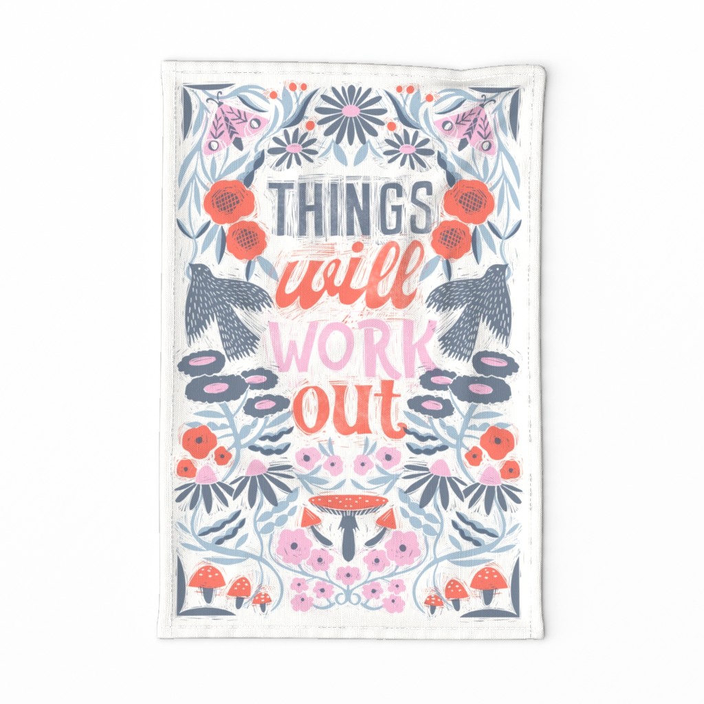 Things Will Work Out Hand-lettered tea towel - tea towel, bird, floral design 