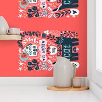 Home is where my cat is. Pet animal design tea towel. Flowers and black cat