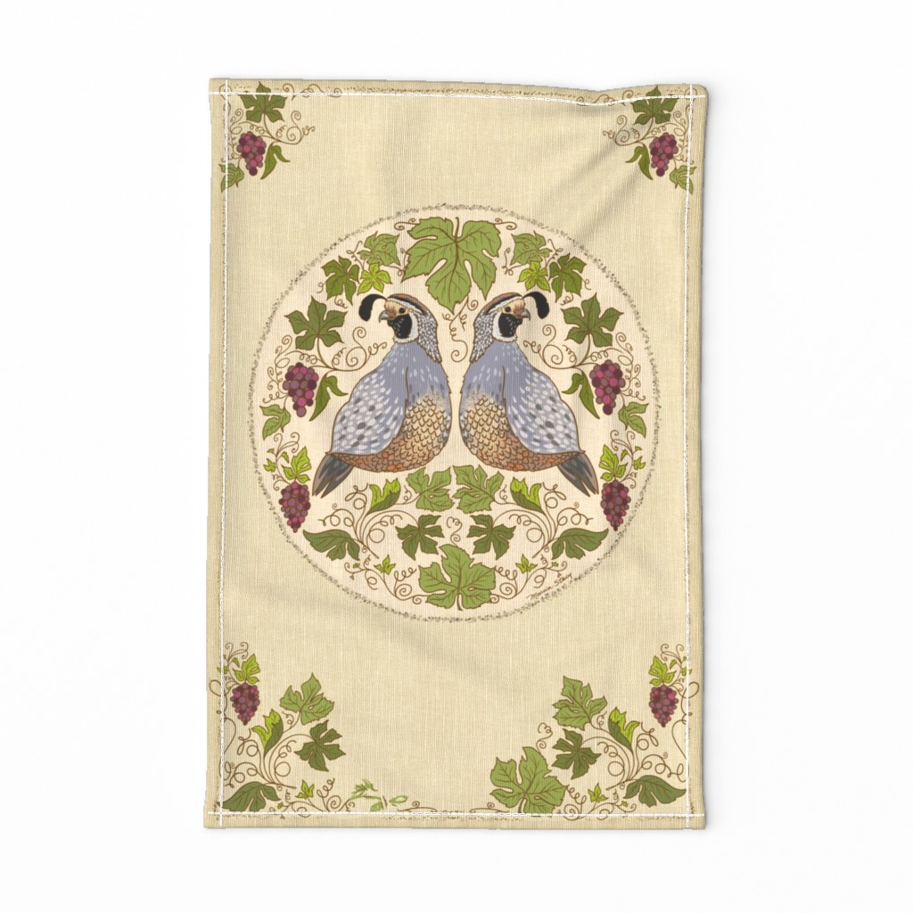 Quail and grapes tea towel