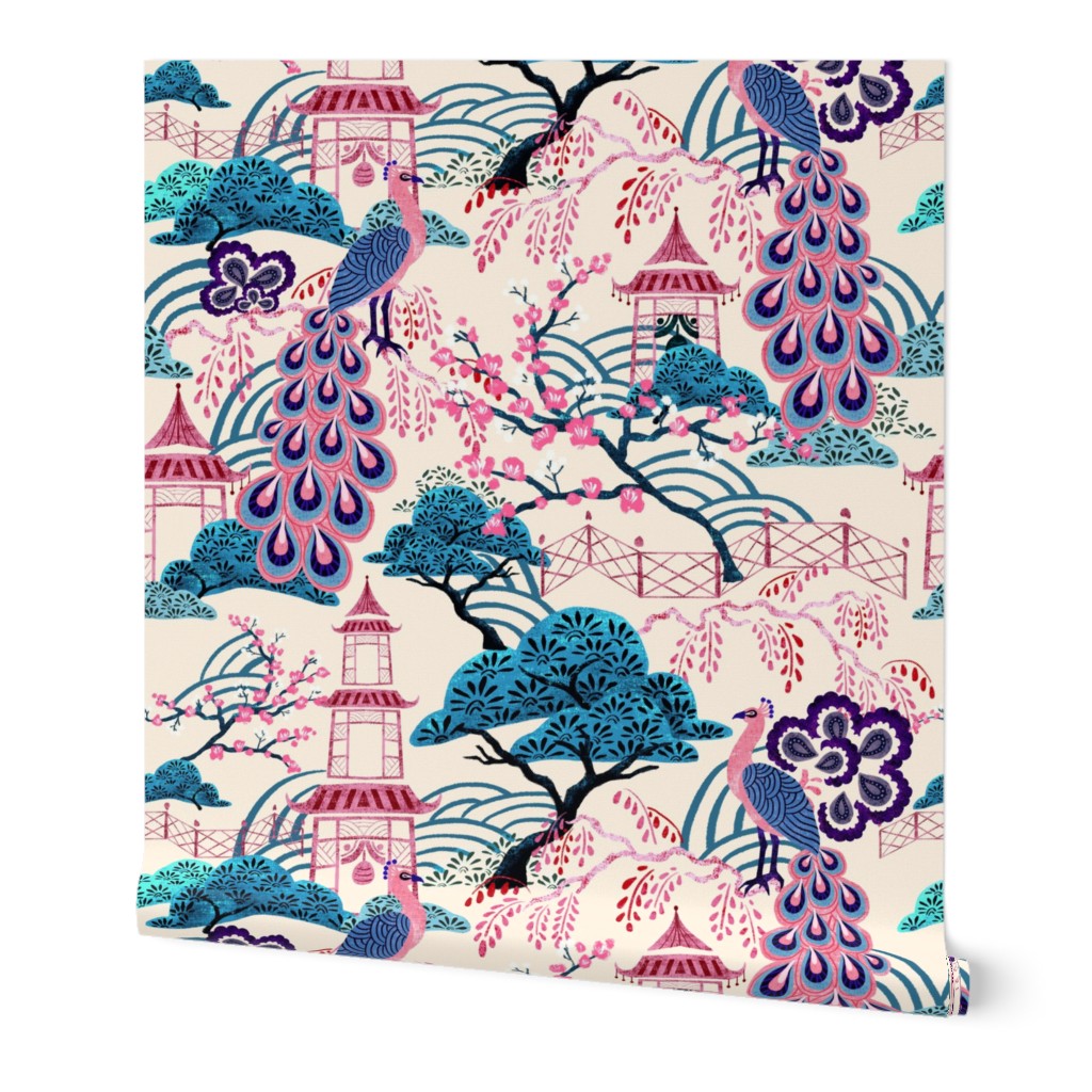Pink Peacock Chinoiserie - Beige RS