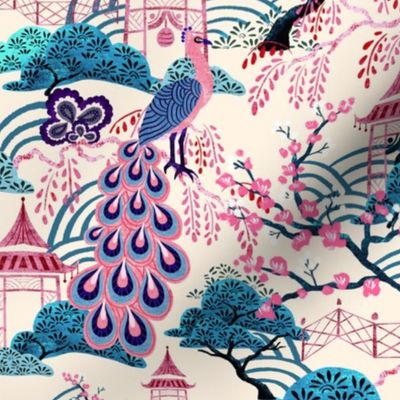 Pink Peacock Chinoiserie - Beige RS