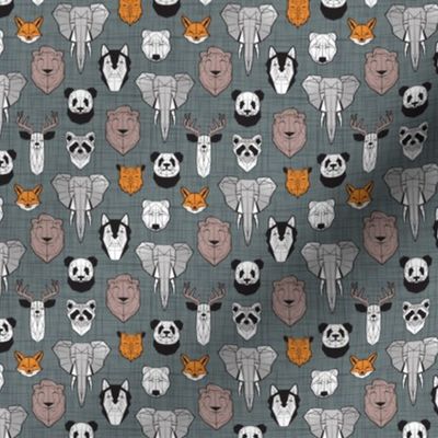 Tiny scale // Friendly Geometric Animals // green grey linen texture background black and white orange brown and grey deers bears foxes wolves elephants raccoons lions owls and pandas