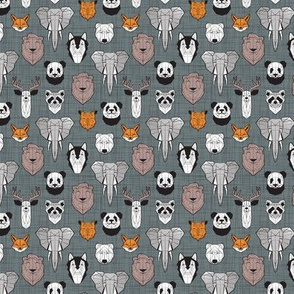 Tiny scale // Friendly Geometric Animals // green grey linen texture background black and white orange brown and grey deers bears foxes wolves elephants raccoons lions owls and pandas