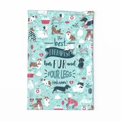 Tea towel scale // The best therapist has fur and four legs cats and dogs quote // aqua background red details