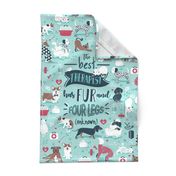 Tea towel scale // The best therapist has fur and four legs cats and dogs quote // aqua background red details