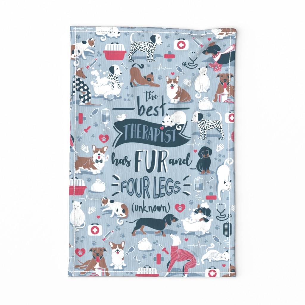 Tea towel scale // The best therapist has fur and four legs cats and dogs quote // pastel blue background red details