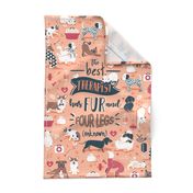 Tea towel scale // The best therapist has fur and four legs cats and dogs quote // flesh background red details