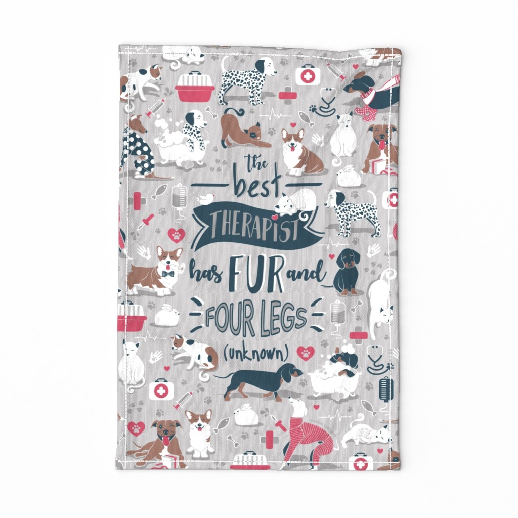 Tea towel scale // The best therapist has fur and four legs cats and dogs quote // grey background red details