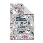 Tea towel scale // The best therapist has fur and four legs cats and dogs quote // grey background red details