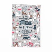 Tea towel scale // The best therapist has fur and four legs cats and dogs quote // grey background red details