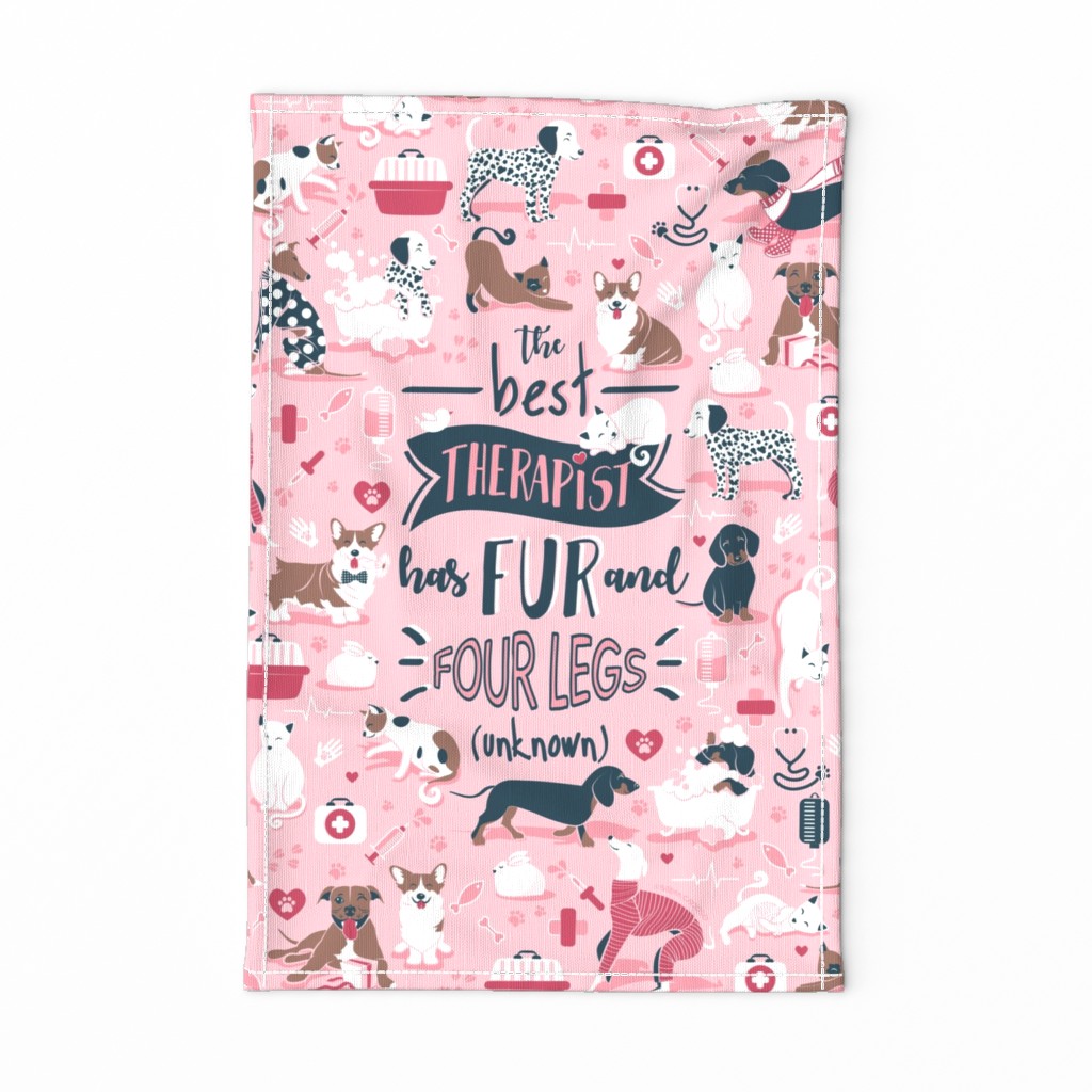 Tea towel scale // The best therapist has fur and four legs cats and dogs quote // pastel pink background red details