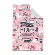 Tea towel scale // The best therapist has fur and four legs cats and dogs quote // pastel pink background red details