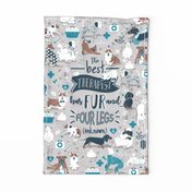 Tea towel scale // The best therapist has fur and four legs cats and dogs quote // grey background turquoise details